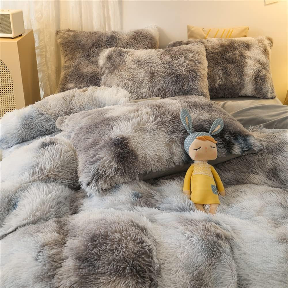 Shaggy Fluffy Duvet Cover Set Full Size Ultra Soft Faux Fur Plush Comforter Cover Set Luxurious Fuzzy Bedding Set 3Pcs (1Duvet Cover + 2Pillow Shams) with Zipper Closure (Gray White Tie Dye)