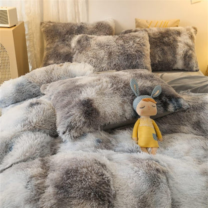 Shaggy Fluffy Duvet Cover Set Full Size Ultra Soft Faux Fur Plush Comforter Cover Set Luxurious Fuzzy Bedding Set 3Pcs (1Duvet Cover + 2Pillow Shams) with Zipper Closure (Gray White Tie Dye)