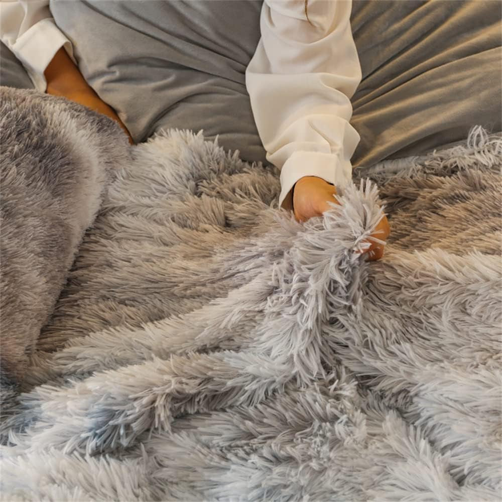 Shaggy Fluffy Duvet Cover Set Full Size Ultra Soft Faux Fur Plush Comforter Cover Set Luxurious Fuzzy Bedding Set 3Pcs (1Duvet Cover + 2Pillow Shams) with Zipper Closure (Gray White Tie Dye)