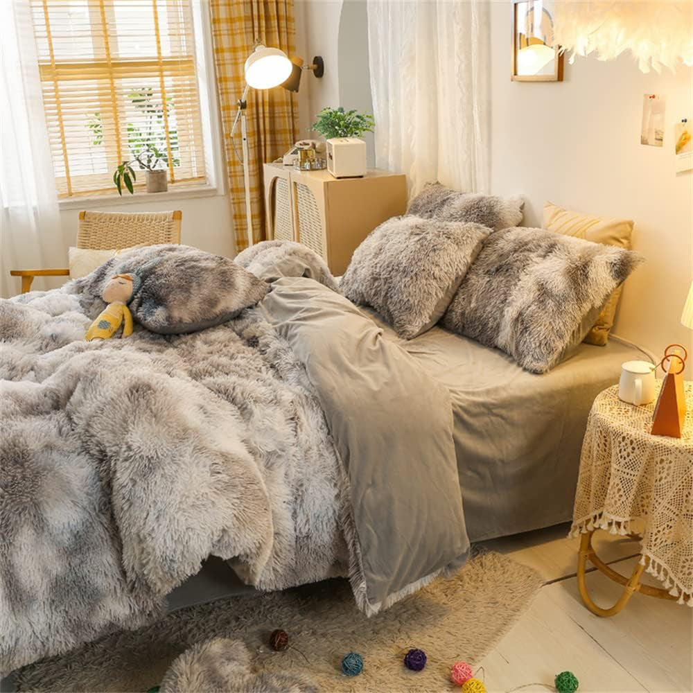 Shaggy Fluffy Duvet Cover Set Full Size Ultra Soft Faux Fur Plush Comforter Cover Set Luxurious Fuzzy Bedding Set 3Pcs (1Duvet Cover + 2Pillow Shams) with Zipper Closure (Gray White Tie Dye)