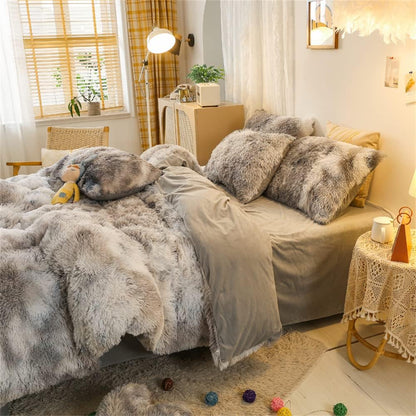 Shaggy Fluffy Duvet Cover Set Full Size Ultra Soft Faux Fur Plush Comforter Cover Set Luxurious Fuzzy Bedding Set 3Pcs (1Duvet Cover + 2Pillow Shams) with Zipper Closure (Gray White Tie Dye)