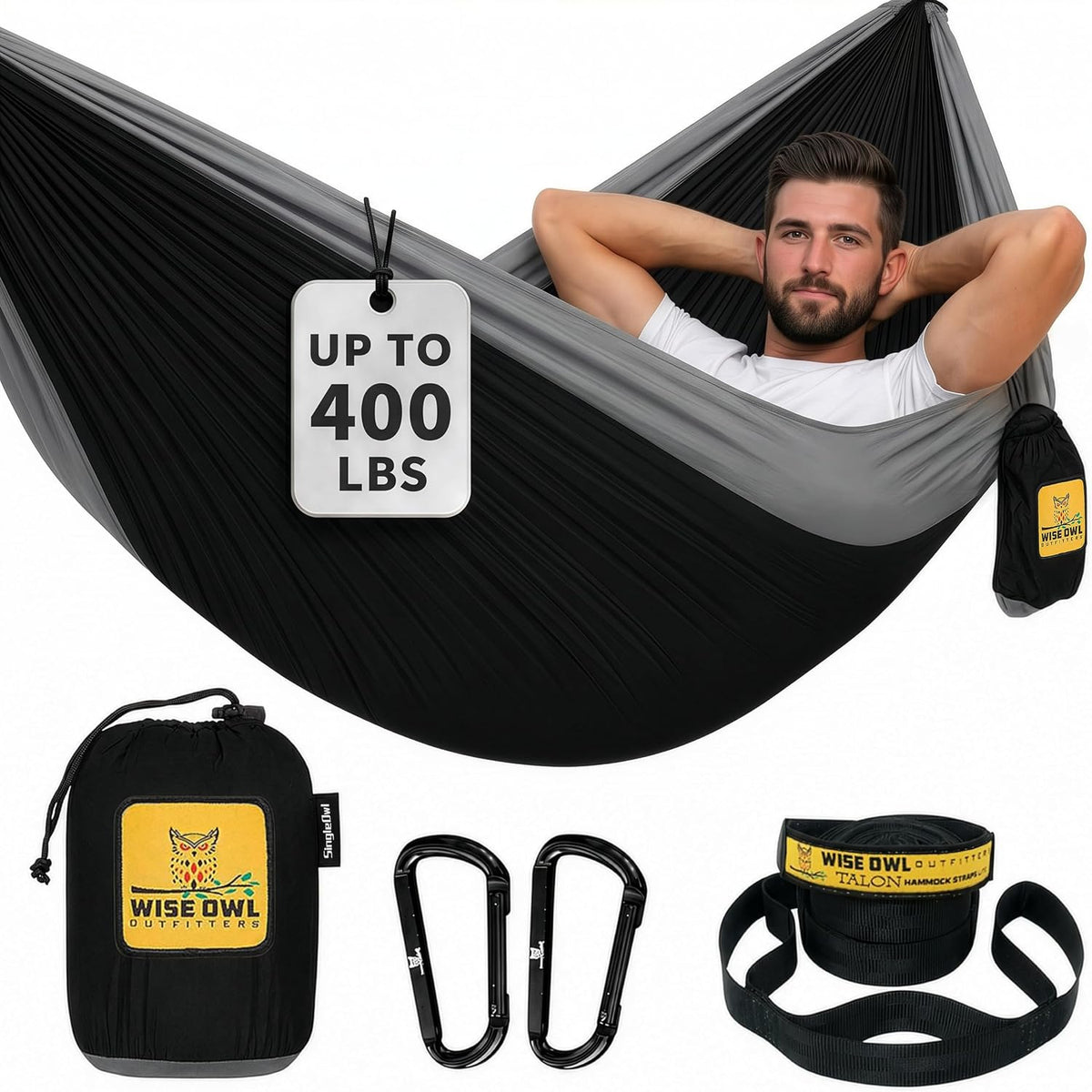 Hammock for Camping Single Hammocks Gear for the Outdoors Backpacking Survival or Travel - Portable Lightweight Parachute Nylon so Black & Grey