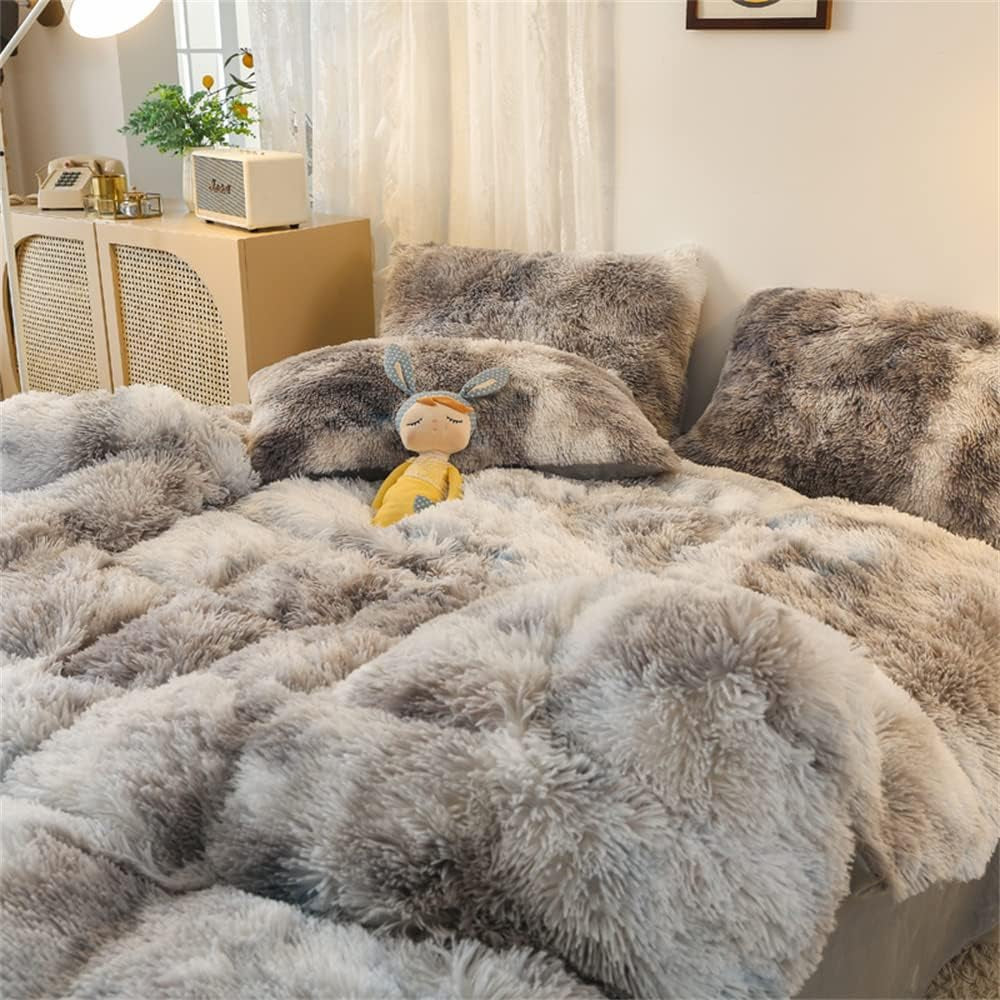 Shaggy Fluffy Duvet Cover Set Full Size Ultra Soft Faux Fur Plush Comforter Cover Set Luxurious Fuzzy Bedding Set 3Pcs (1Duvet Cover + 2Pillow Shams) with Zipper Closure (Gray White Tie Dye)