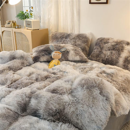Shaggy Fluffy Duvet Cover Set Full Size Ultra Soft Faux Fur Plush Comforter Cover Set Luxurious Fuzzy Bedding Set 3Pcs (1Duvet Cover + 2Pillow Shams) with Zipper Closure (Gray White Tie Dye)